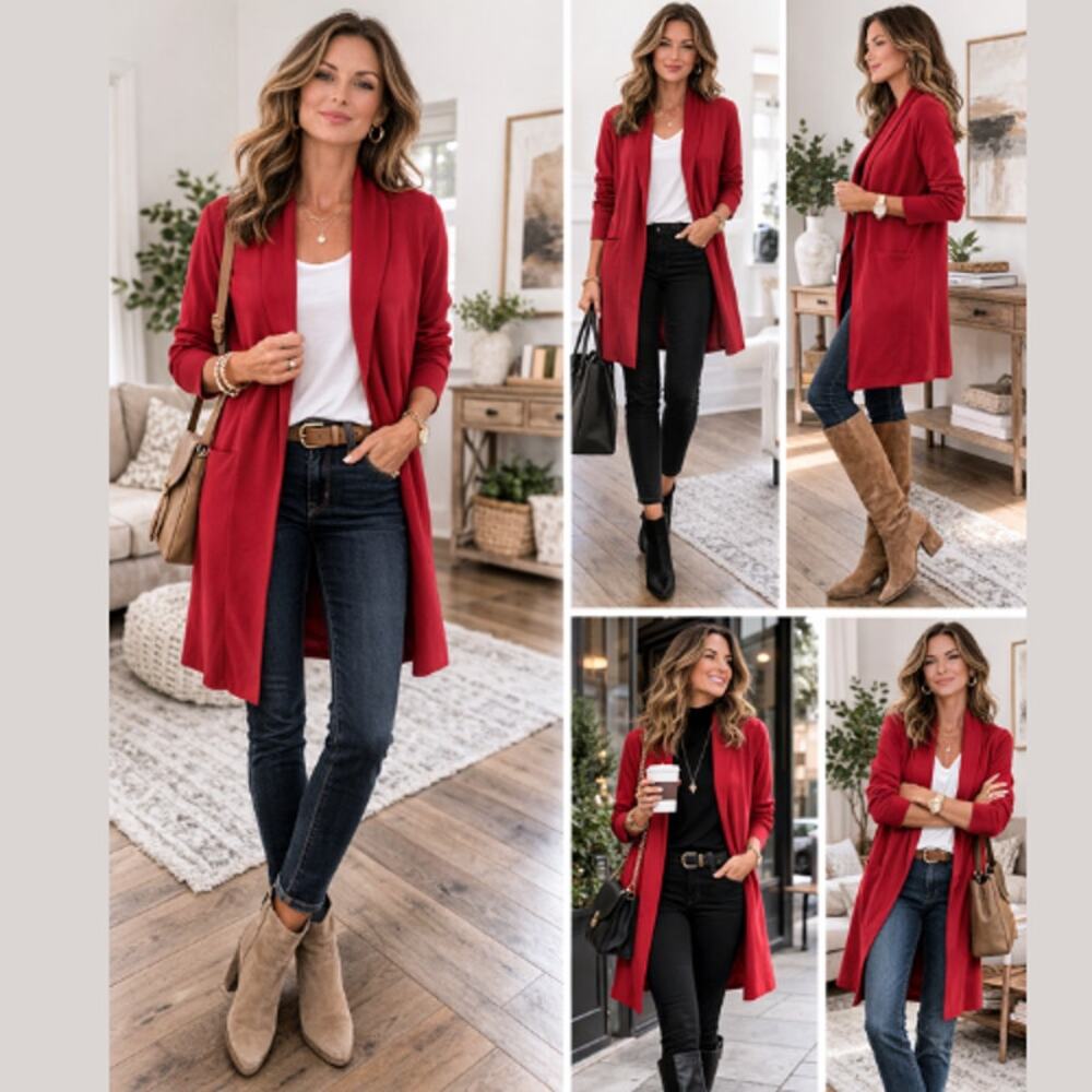 J JILL Red Longline Cardigan Open Front Lightweight Sweater M - Picture 8 of 8